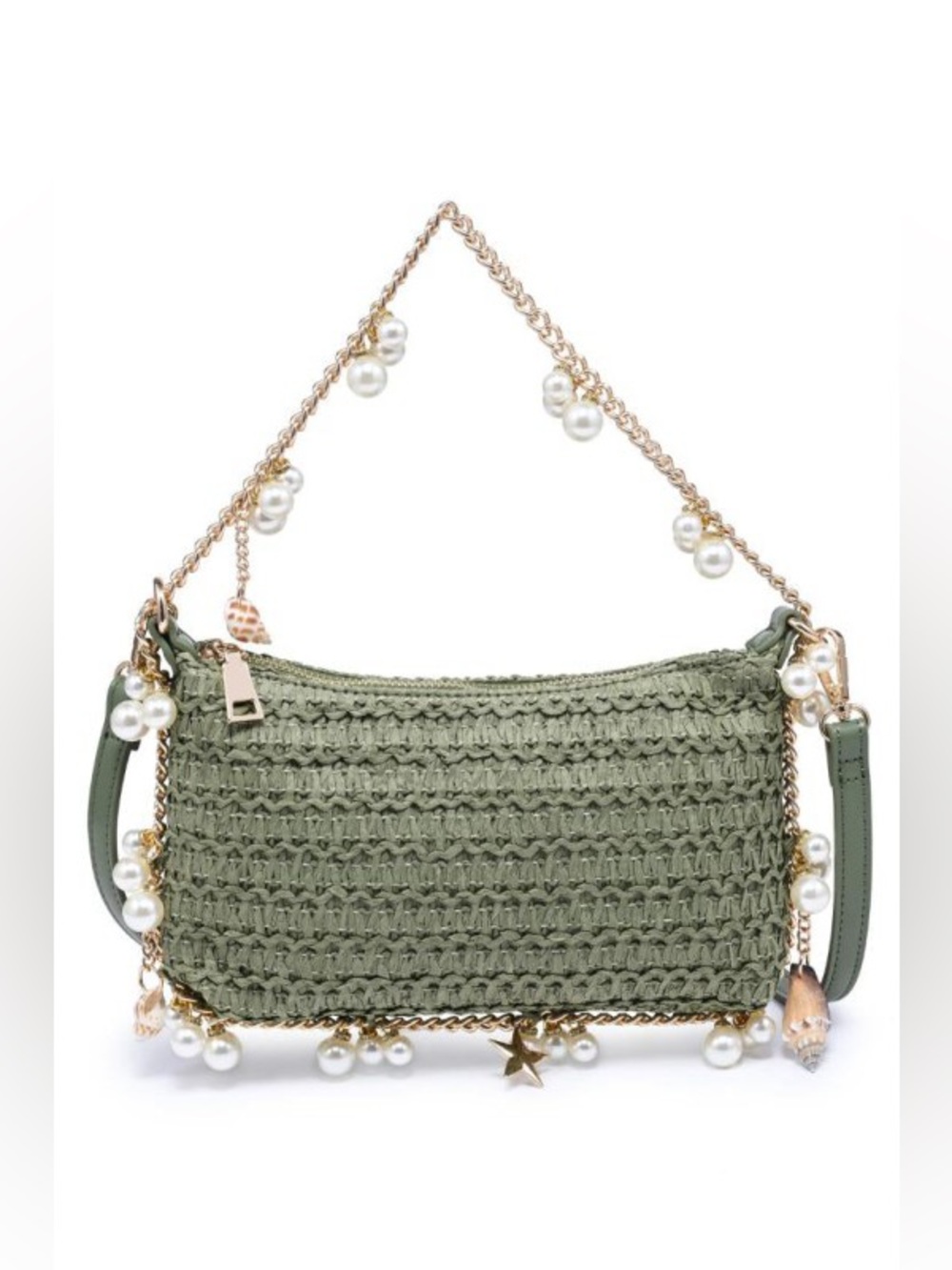 STEPH STRAW PEARL LINED EVENING
BAG|SAGE